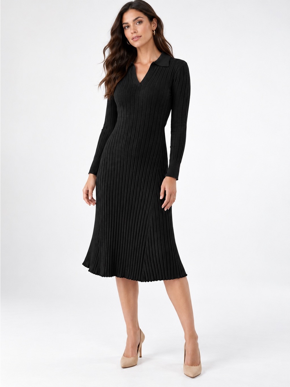 Single Thread Ribbed Sweater Midi Dress Collared V Neck Long Sleeve Black NEW